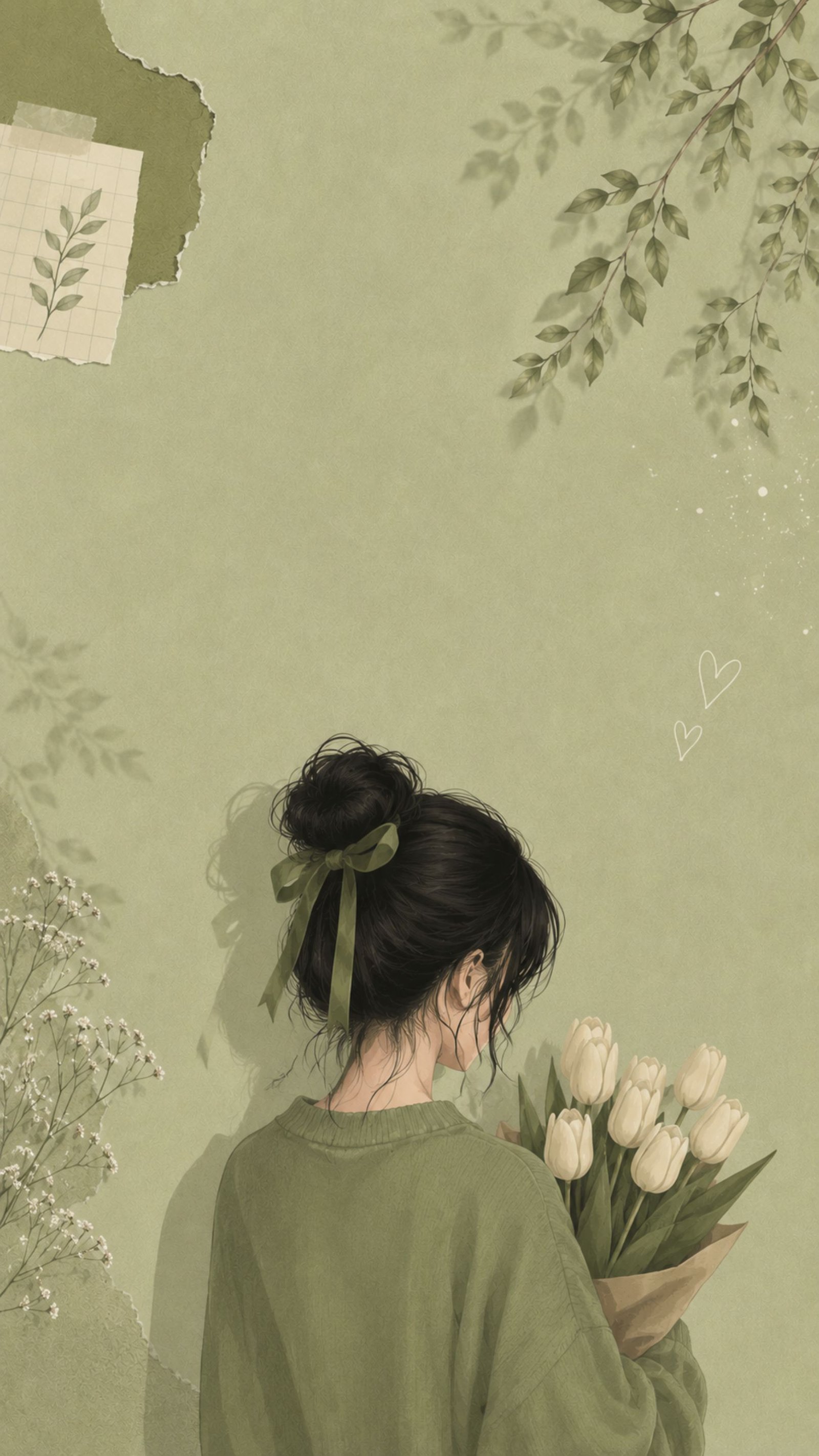Sage Green Tulip Girl Aesthetic Wallpaper HD | Minimal Botanical Phone Background